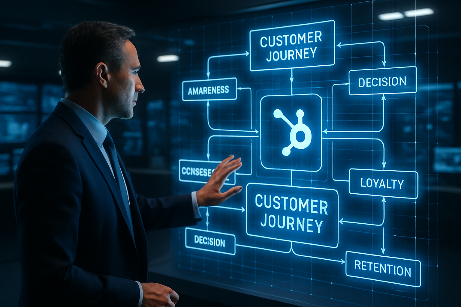 HubSpot CRM architecture and implementation, visualized as a holographic blueprint of a customer journey map. HubSpot CRM architecture and implementation, visualized as a holographic blueprint of a customer journey map.
