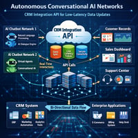 An enterprise infrastructure diagram visualizing autonomous conversational AI networks executing low-latency data updates via a crm integration api.