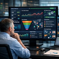 Ein Operations-Manager analysiert eine Echtzeit-Datenpipeline auf einem Dashboard mit automatisierter CRM-API-Synchronisation.