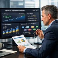 Un dirigente d'azienda esamina una dashboard di ottimizzazione dei processi aziendali con margini di profitto in crescita.