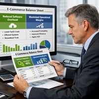 Ein Geschäftsführer analysiert eine E-Commerce-Bilanz mit reduzierten Softwarekosten und maximierten operativen Margen.