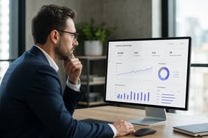 A commercial executive reviewing customer lifetime value metrics on an ai ecommerce automation dashboard.