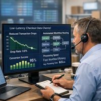 Ein Operations-Director analysiert eine server-side Checkout-Infrastruktur zur Vertriebsautomatisierung auf einem Desktop-Bildschirm.