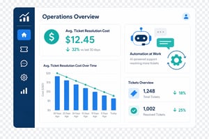 An operations metrics dashboard displaying reduced ticket resolution costs through ecommerce customer support automation.