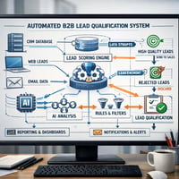 Ein technisches Architektur-Schema auf einem Desktop-Monitor, das automatisierte Datenströme der B2B-Lead-Qualifizierung darstellt.