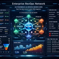 Pokročilé RevOps rozhraní zobrazující automatizovaný přenos dat a synchronizaci mezi externími B2B marketing automation platforms a interním crm systémem.