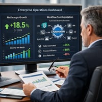 An executive reviewing an enterprise operations dashboard showing increased net margins and automated business workflow synchronization.