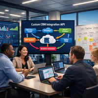 Un diagramma relazionale di sistema backend che mostra l'integrazione di un'API per software crm dedicata all'automazione dei processi aziendali su uno schermo desktop.