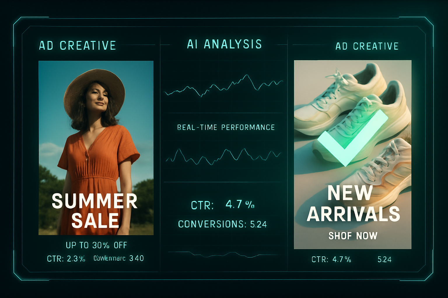 Automated creative optimization for paid ads, showing an AI A/B testing two creatives. Automated creative optimization for paid ads, showing an AI A/B testing two creatives.