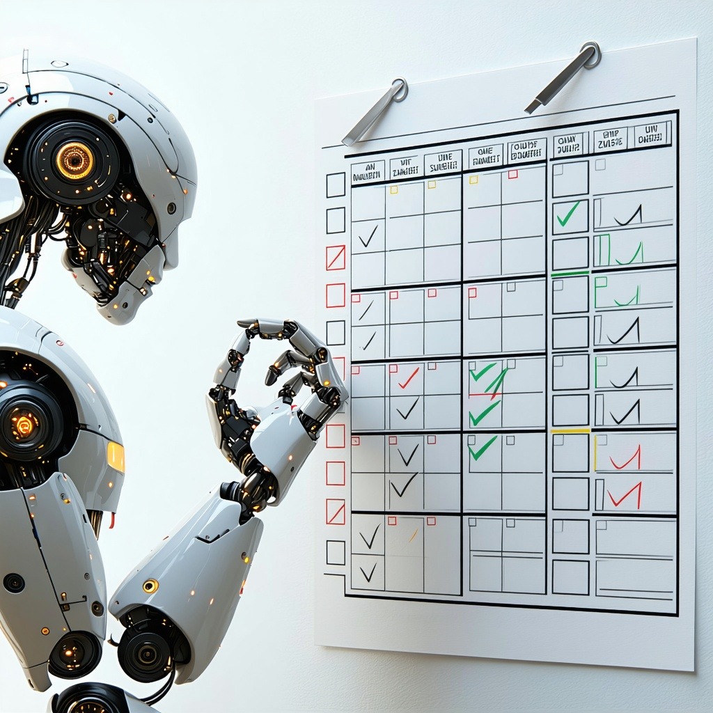 Robot hand ticking off items on a checklist.
