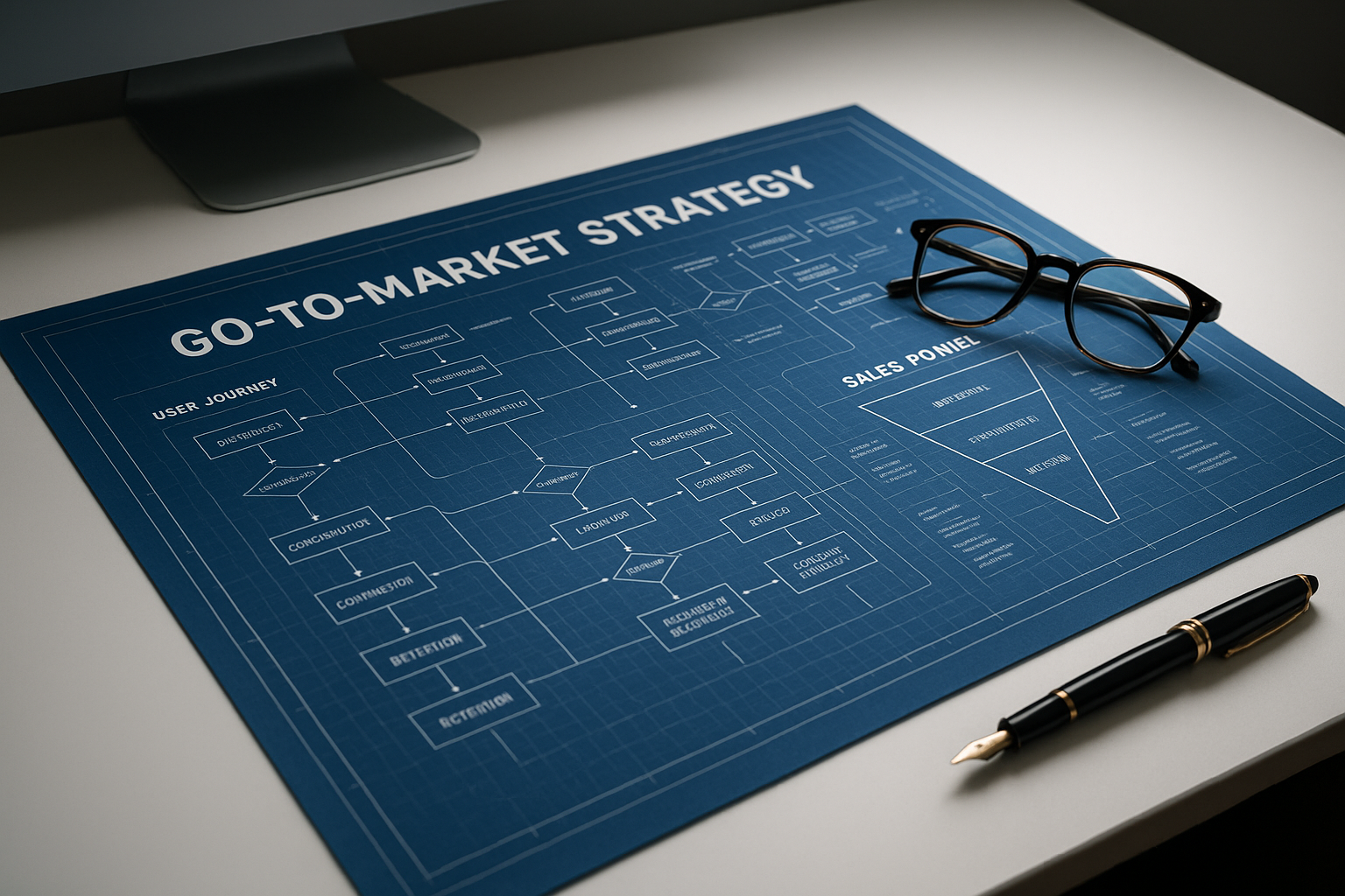 Architectural blueprint of a Go-to-Market (GTM) strategy playbook, showing user journeys and sales funnels. Architectural blueprint of a Go-to-Market (GTM) strategy playbook, showing user journeys and sales funnels.