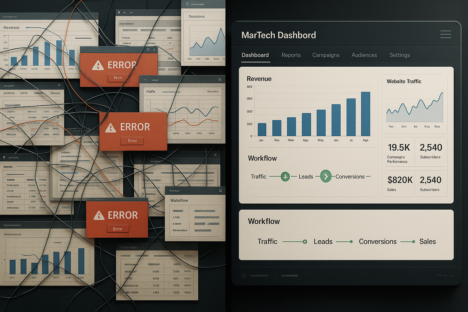 Split-screen showing a chaotic MarTech software dashboard being transformed into a clean, optimized, and unified system. Split-screen showing a chaotic MarTech software dashboard being transformed into a clean, optimized, and unified system.