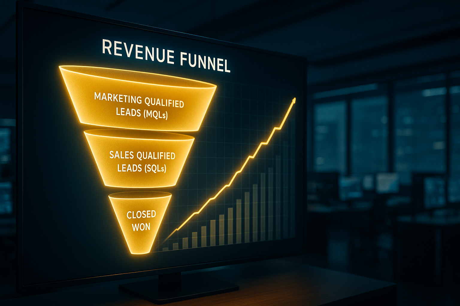 A 3D data dashboard showing a Revenue Operations (RevOps) framework, visualizing a clear sales funnel from MQL to Closed Won deals. A 3D data dashboard showing a Revenue Operations (RevOps) framework, visualizing a clear sales funnel from MQL to Closed Won deals.