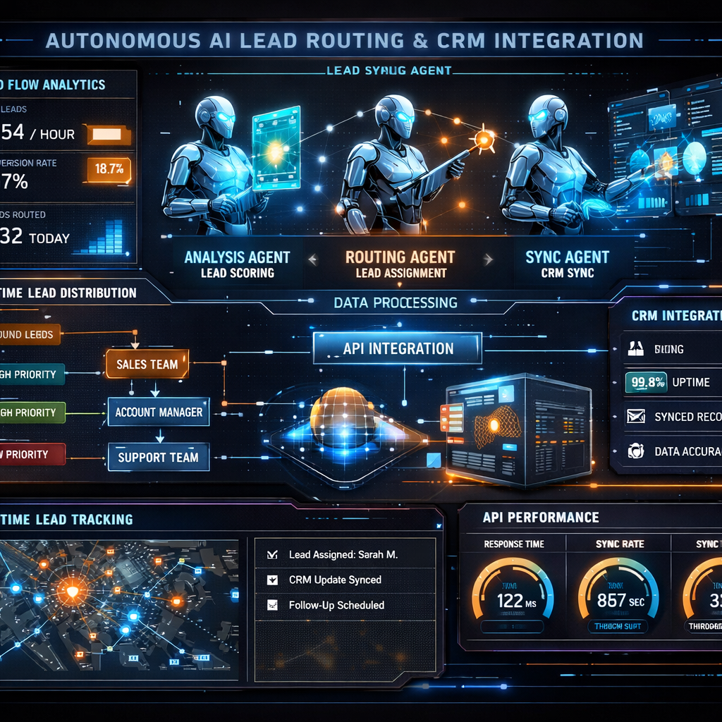 An advanced systems data dashboard illustrating autonomous AI agents orchestrating real-time lead routing and deep custom crm integration api syncing.