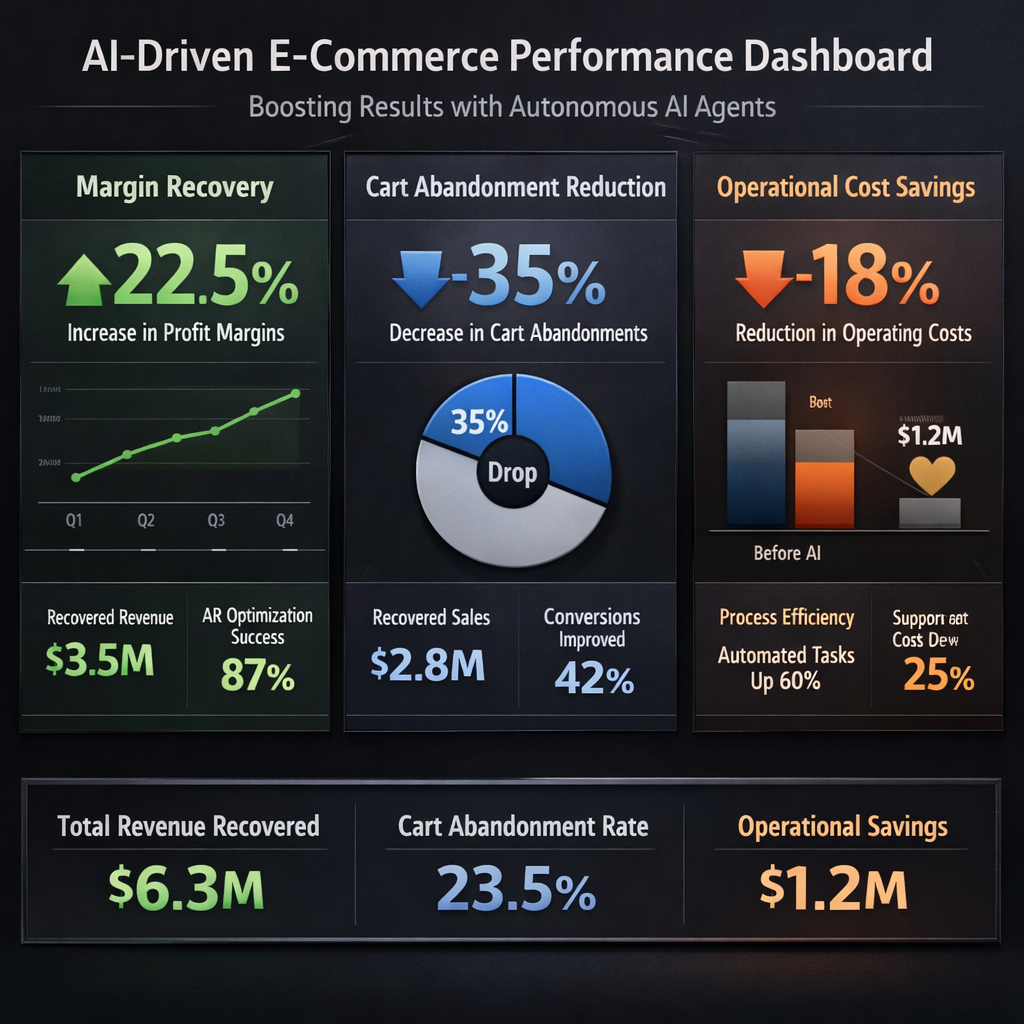 Executive dashboard showing margin recovery, reduced cart abandonment percentages, and operational cost savings achieved through autonomous AI agents.