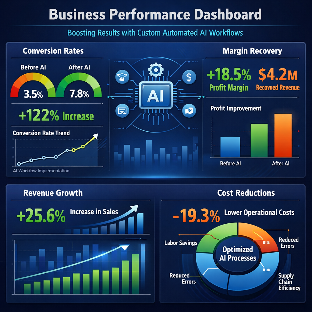 Business performance dashboard illustrating increased conversion rates and margin recovery metrics driven by custom automated AI workflows.