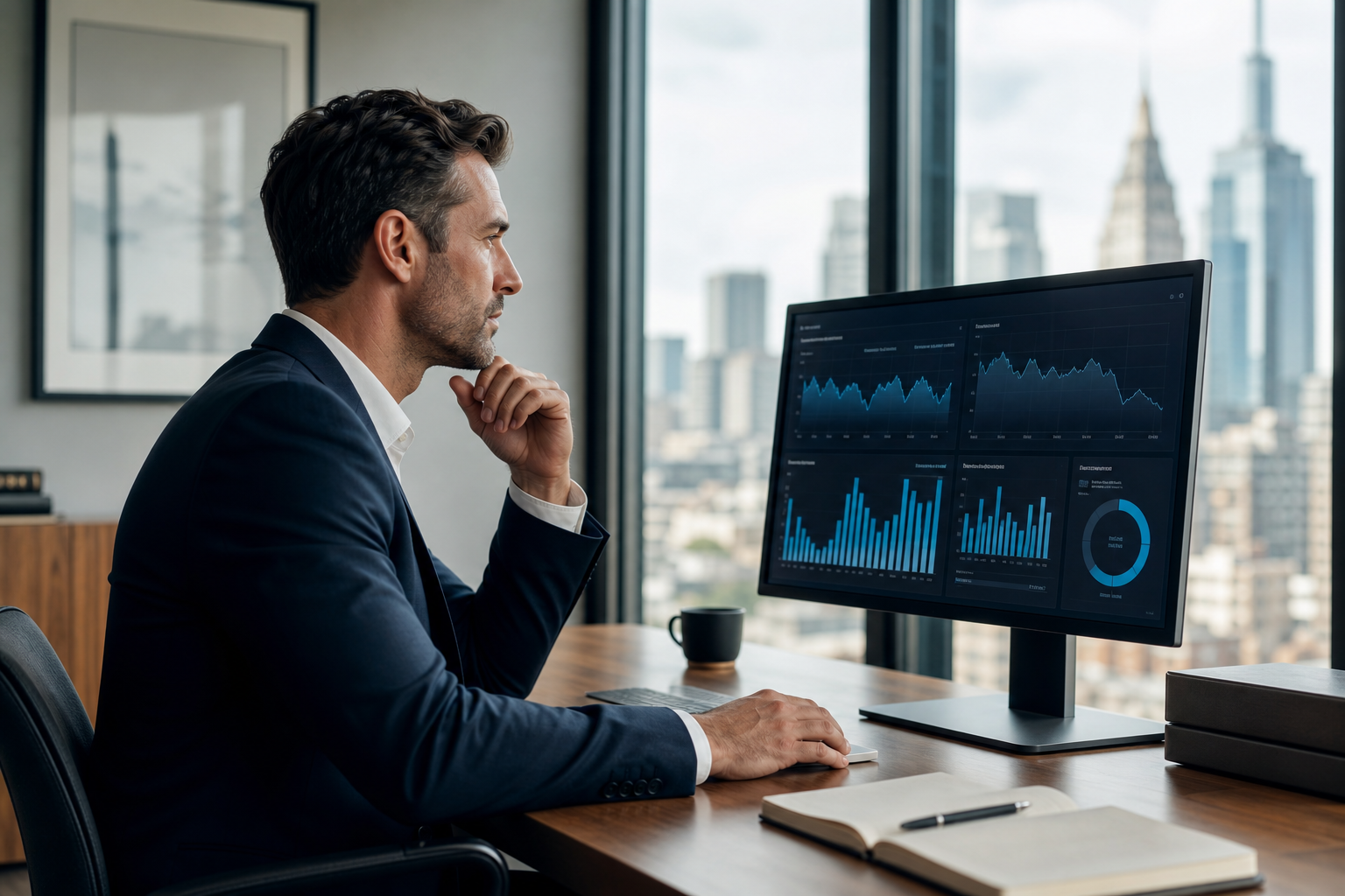 An executive reviewing sizing accuracy metrics and return reduction stats powered by ai ecommerce.