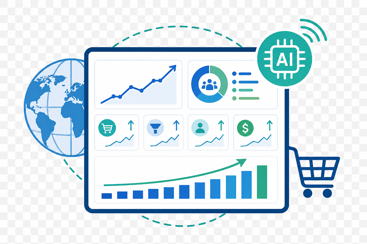 An international sales dashboard highlighting real-time conversions using ai in ecommerce examples.