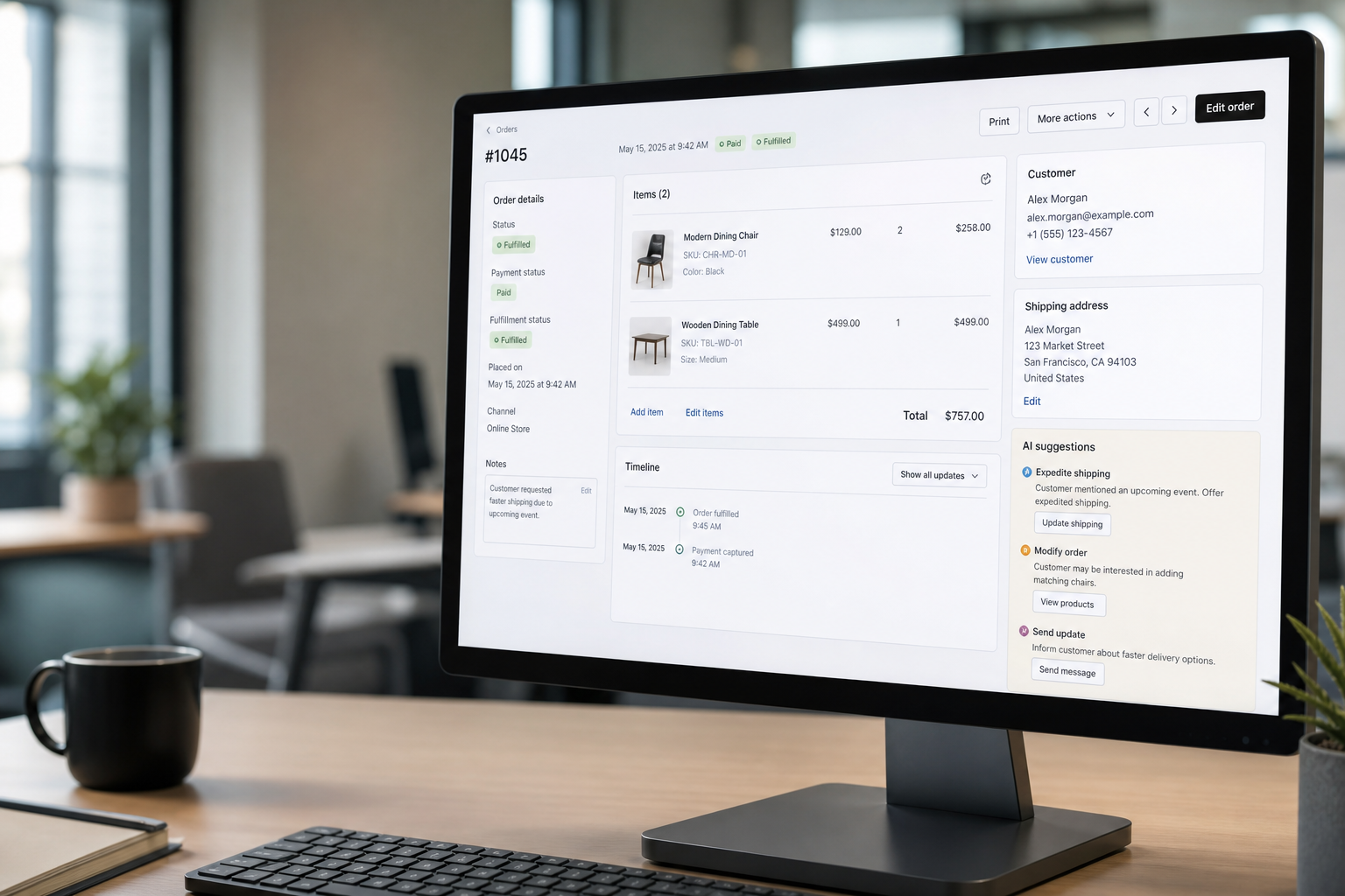 An order management interface showing post-purchase order editing powered by ai ecommerce automation.
