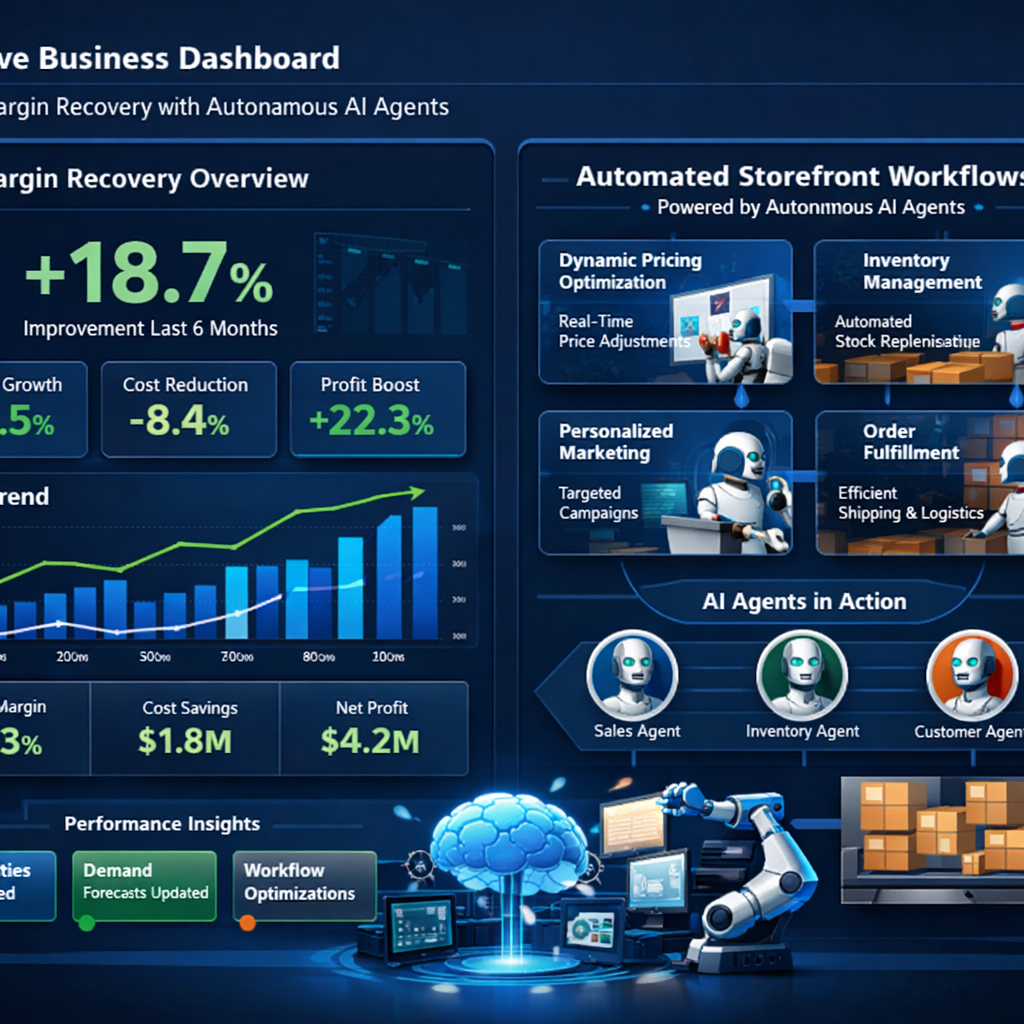 Executive business dashboard illustrating margin recovery and automated storefront workflows powered by autonomous AI agents.