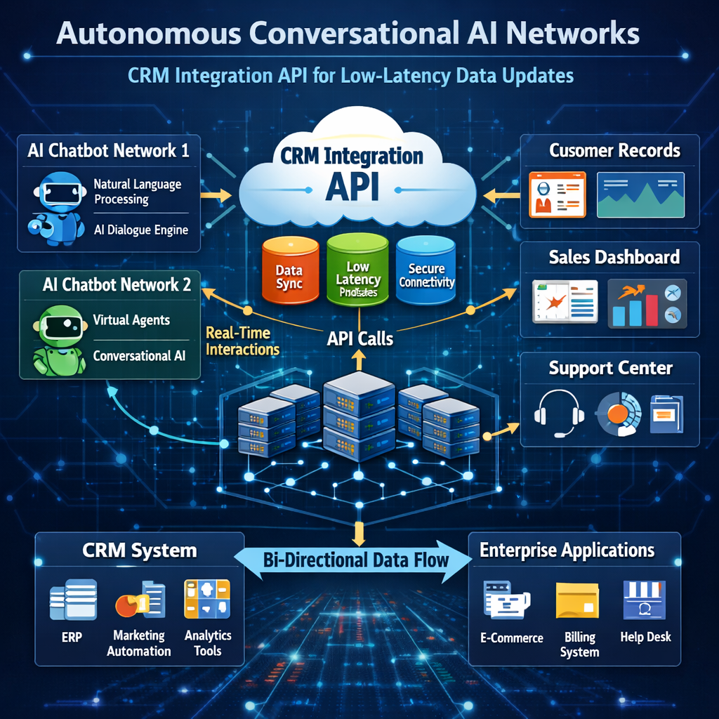 An enterprise infrastructure diagram visualizing autonomous conversational AI networks executing low-latency data updates via a crm integration api.