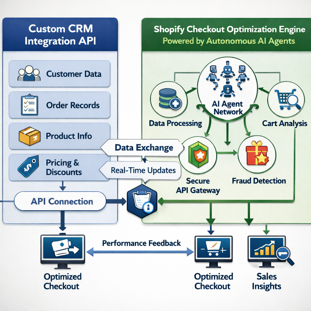 Data architecture diagram mapping a custom CRM integration API to a Shopify checkout optimization engine powered by autonomous AI agents.