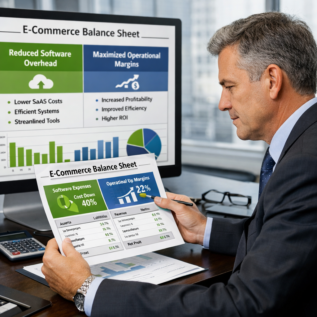 A corporate finance executive reviewing an e-commerce balance sheet demonstrating reduced software overhead and maximized operational margins.