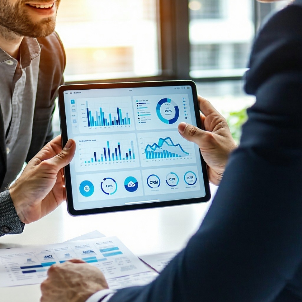 Two diverse professionals in a positive, collaborative discussion over a tablet.