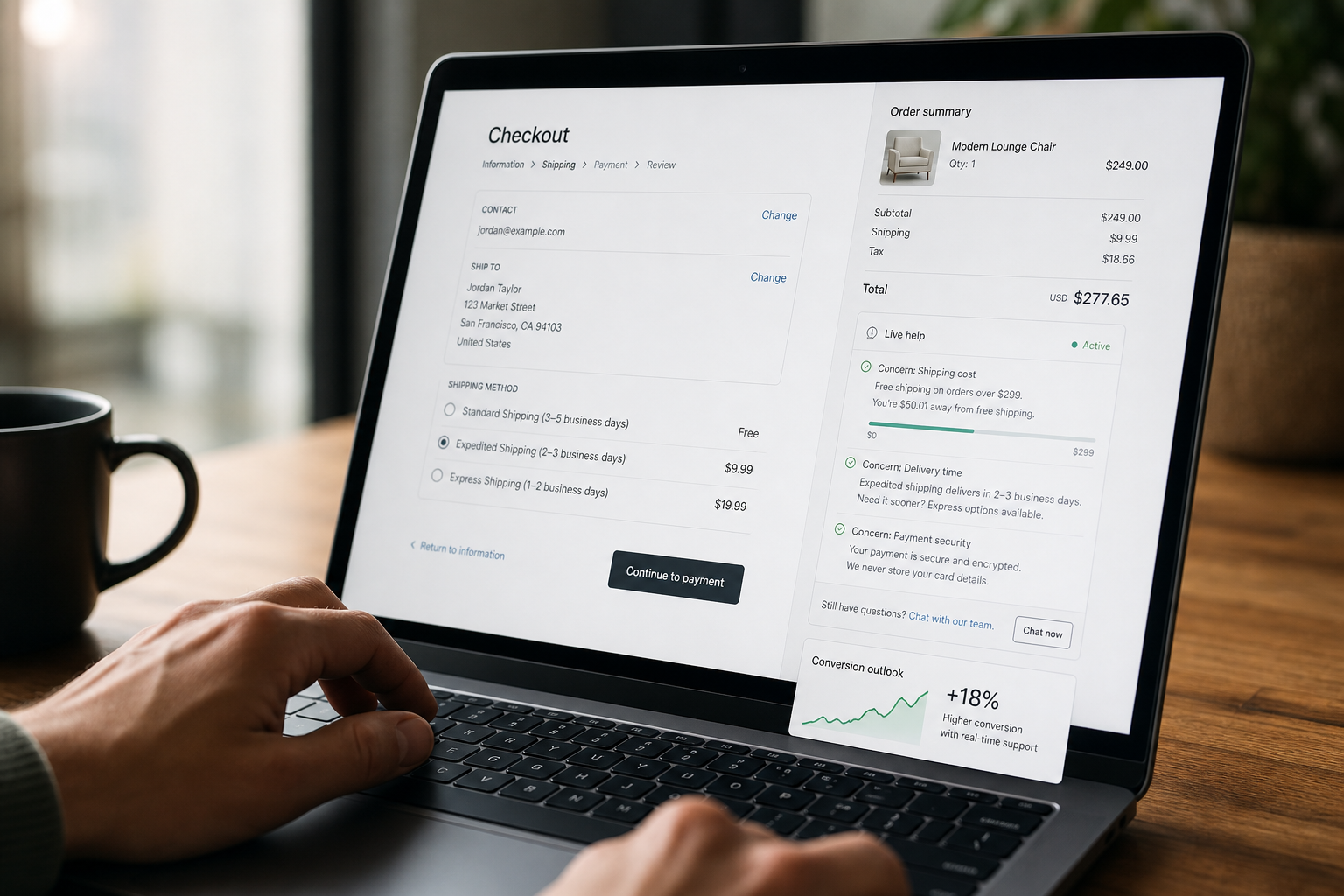 An e-commerce interface using real-time objection handling to increase checkout conversion ecommerce metrics.