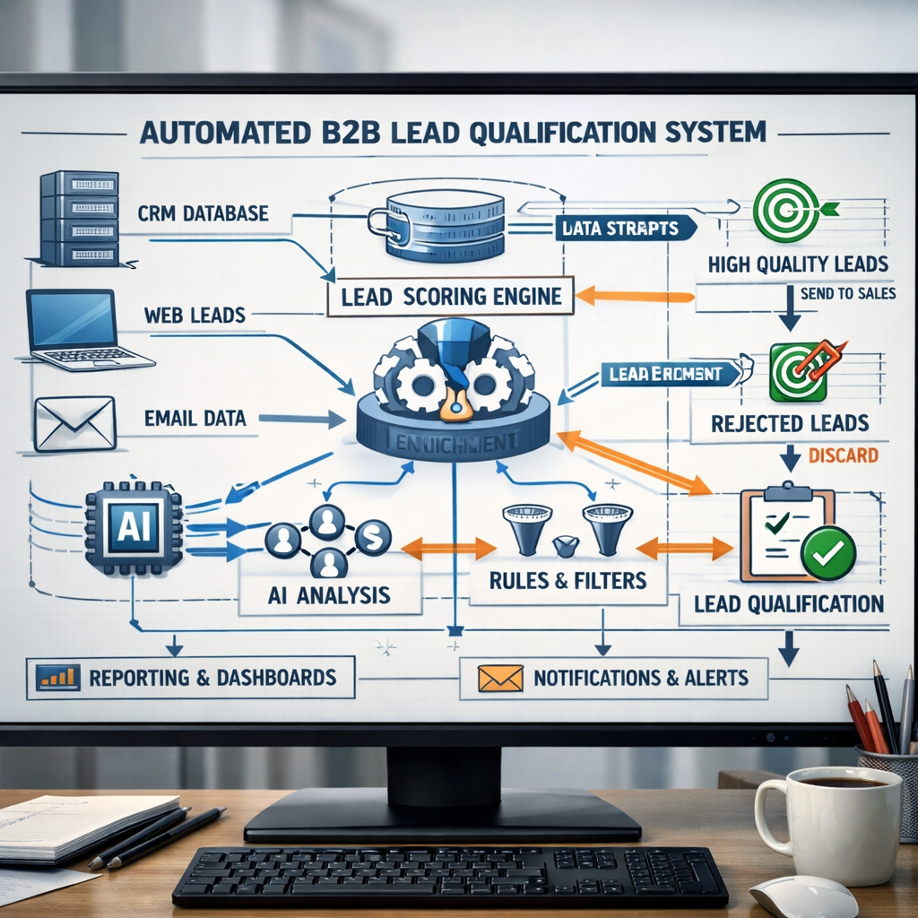 An engineering architecture schematic on a desktop workspace monitor illustrating data streams running through automated B2B lead qualification software.