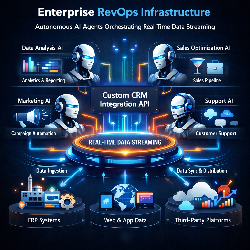 An enterprise RevOps infrastructure schematic demonstrating autonomous AI agents orchestrating real-time data streaming across a custom crm integration api.