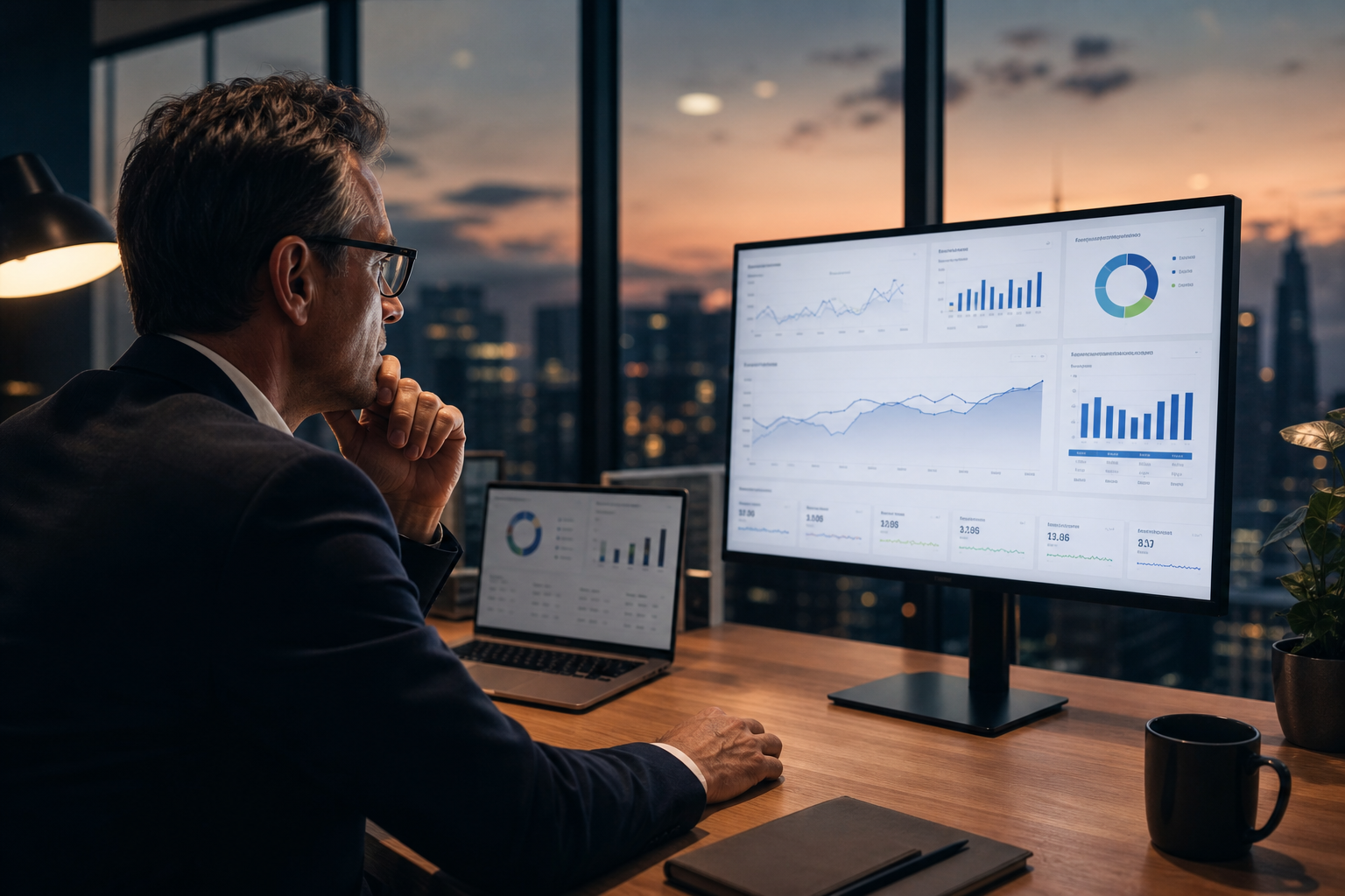 An executive reviewing an ai ecommerce automation dashboard displaying real-time revenue growth metrics.