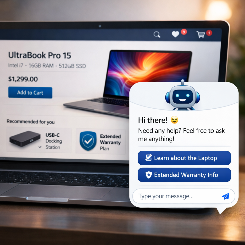 Digital storefront interface showing an AI chatbot for ecommerce engaging a buyer and driving a direct sale.