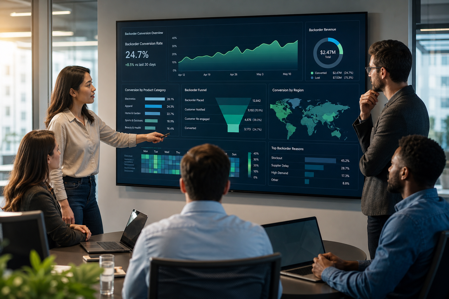 A growth team monitoring backorder conversion rates on an ai ecommerce automation dashboard.