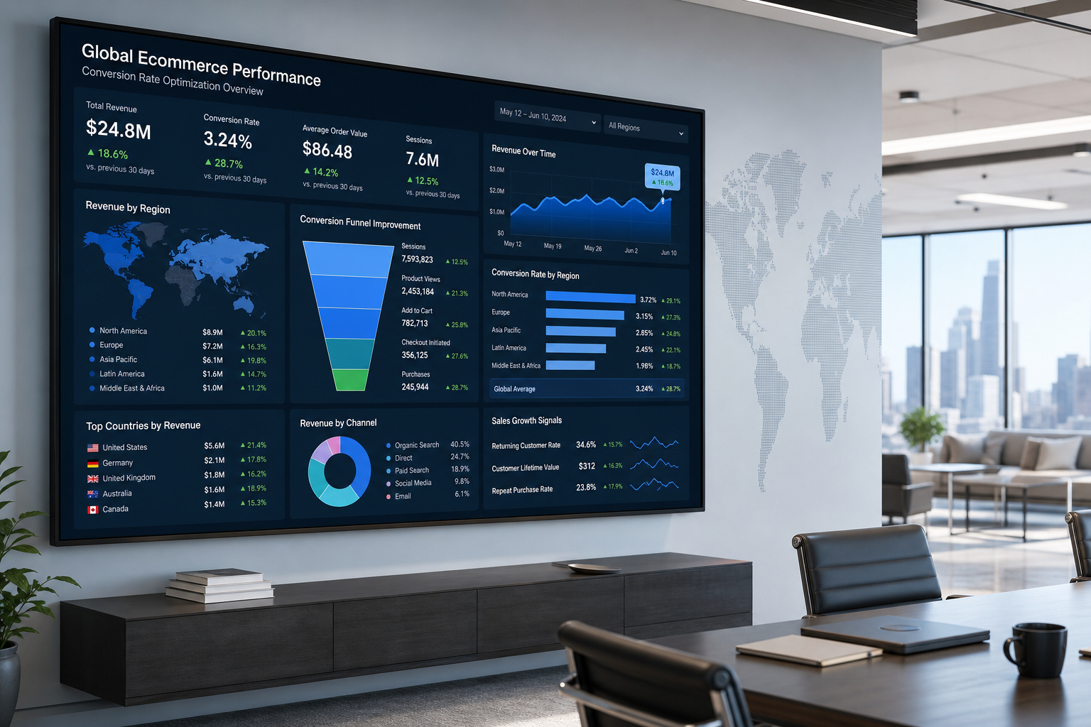An international sales dashboard showing global metrics driven by advanced ecommerce conversion rate optimization.