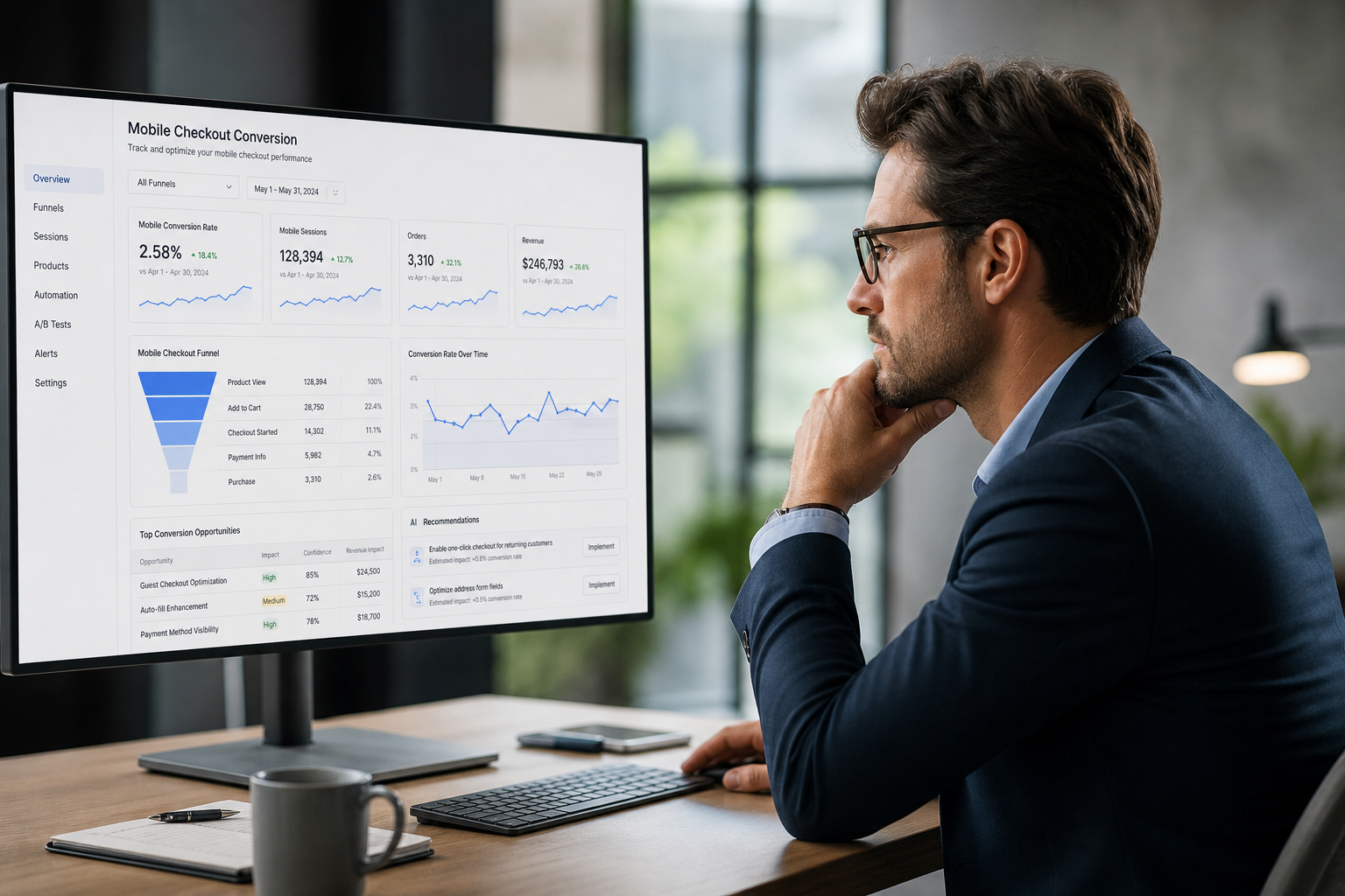 An operations manager monitoring mobile checkout conversion rates on an ai ecommerce automation dashboard.