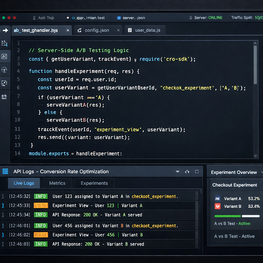 A software developer screen displaying server-side AB testing code and API logs running within conversion rate optimization software.