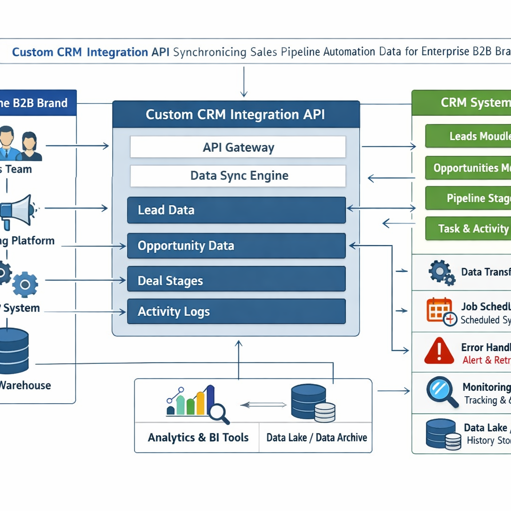 Technical data lineage map showcasing a custom CRM integration API synchronizing sales pipeline automation data for an enterprise B2B brand.